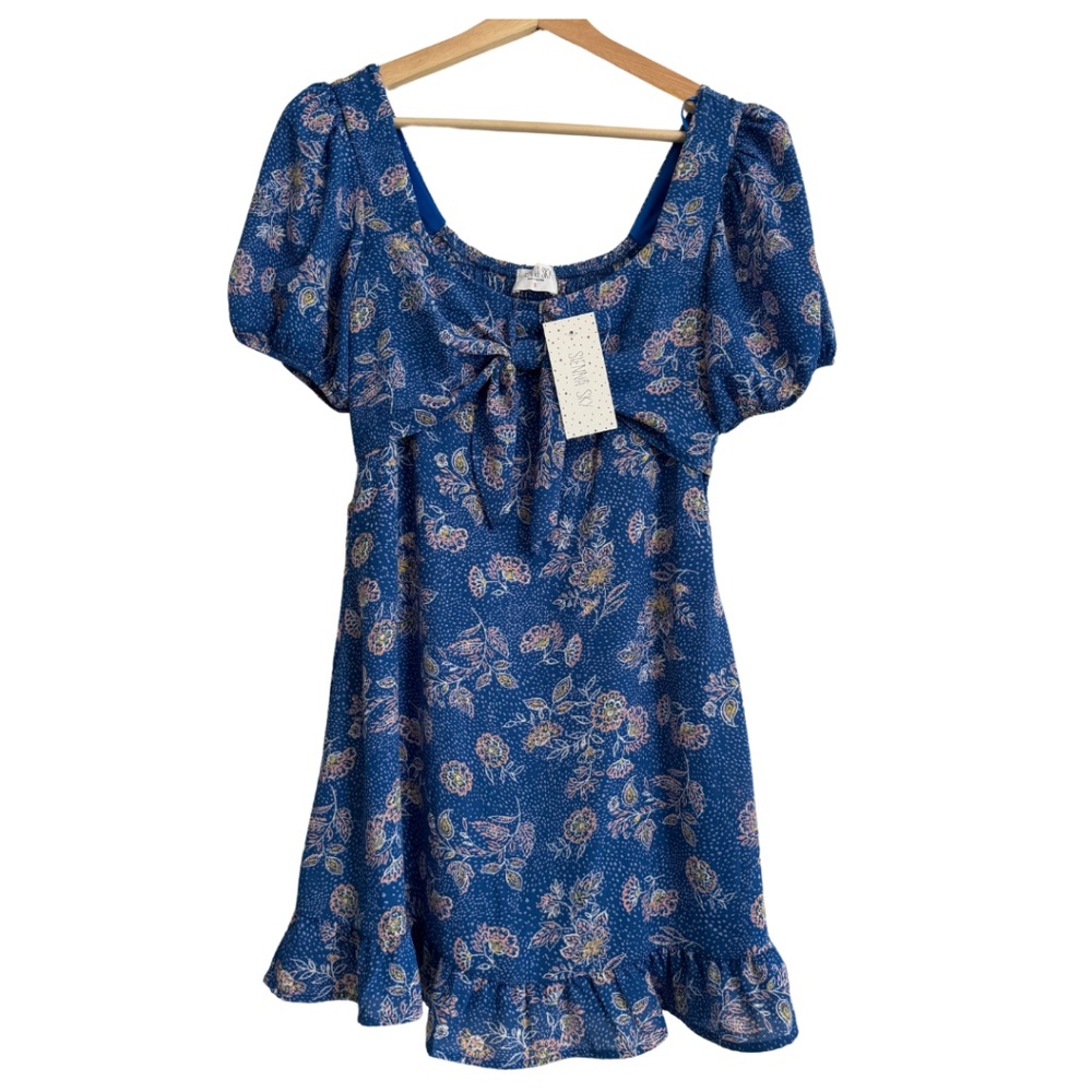 Blue Floral BOHO Short Sleeve Lined Dress by Sienna Sky